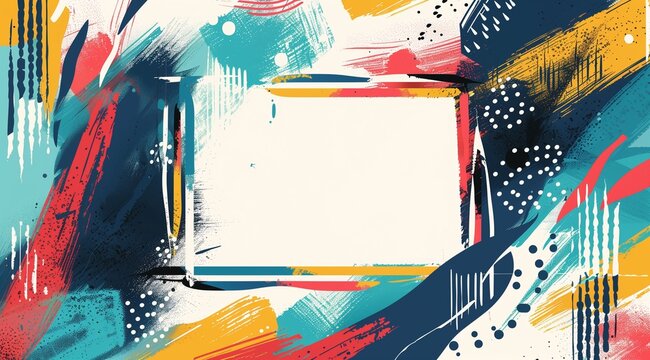 Vibrant abstract background. The image features bold brushstrokes in shades of blue, red, and yellow, with dotted patterns and a central blank space for custom text or design elements.