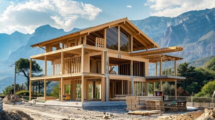 Fototapeta na wymiar Construction concept. A modern wooden frame house under construction, with large open spaces and panoramic windows, set against a backdrop of majestic mountains and a clear sky.