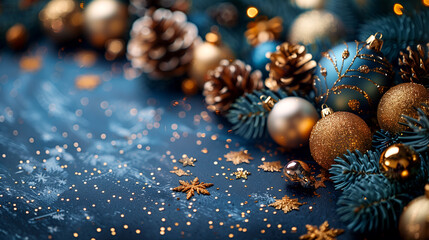 Christmas and New Year holidays background. Golden and blue baubles, pine cones, star anise and snowflakes. Copy space. - obrazy, fototapety, plakaty