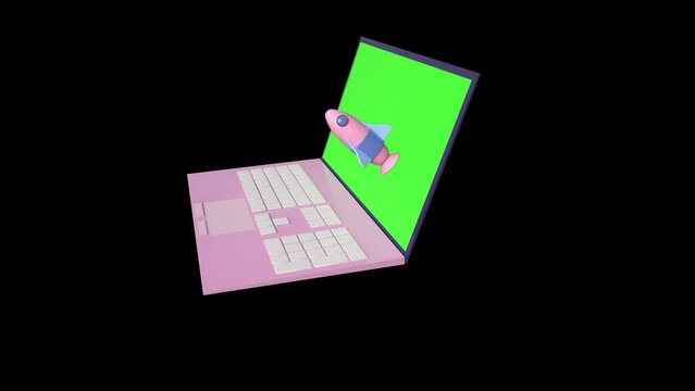 Pink laptop solid green on wallpaper, rocket flying, growing design element.    4K motion Video Element