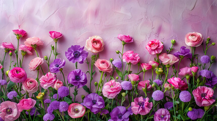 Beautiful bouquet of pink and purple flowers on pink background.