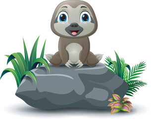 Cartoon funny baby sloth sitting on the stone