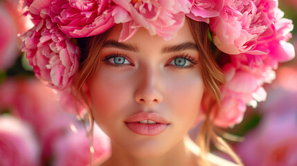 Portrait of a beautiful young woman with pink flowers in her hair