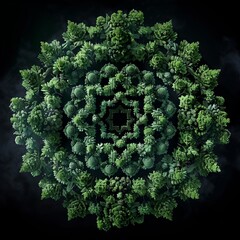 geometric optical illusion made out of jungle trees, with a black background