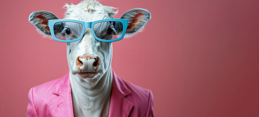 A cow wearing glasses and a pink suit. The cow is looking at the camera. The image has a playful and humorous mood. cute cow in suit, clear print material, big blue sunglasses, fuzzy gray and white