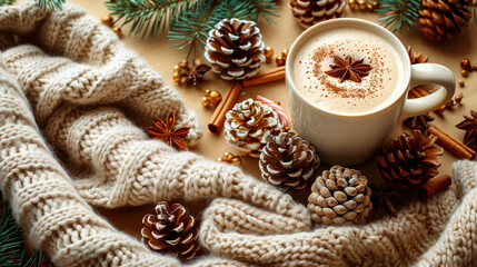 Fototapeta na wymiar Cup of coffee with milk and christmas decorations on light background