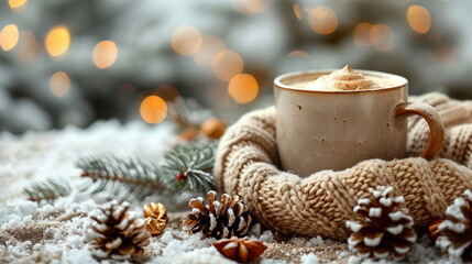 Cup of coffee with christmas decoration on bokeh background