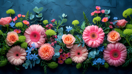 Flower bouquet with pink gerbera and blue flowers on blue background - obrazy, fototapety, plakaty