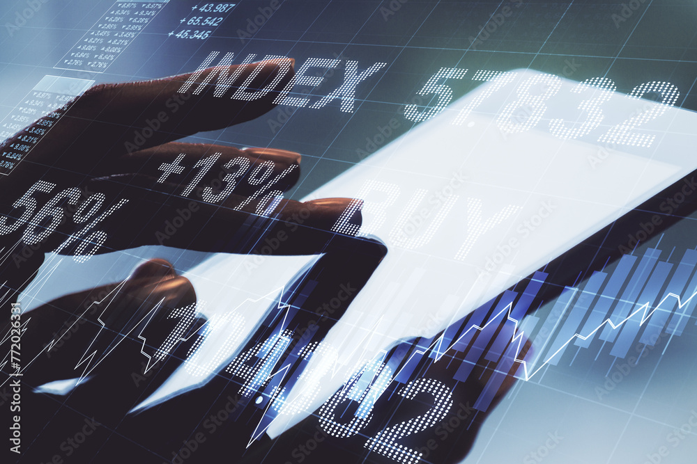 Poster double exposure of abstract creative financial diagram with finger clicks on a digital tablet on bac
