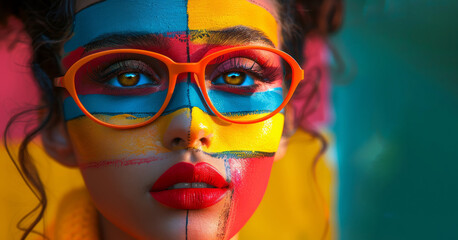 A woman with red lipstick and red glasses is wearing a yellow and red outfit. The image has a...