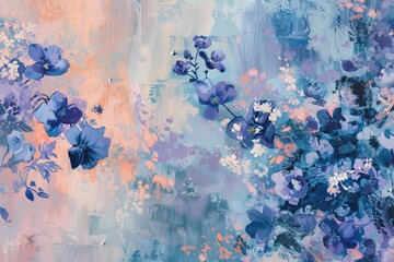 Abstract culinary floral motifs inspired by forget-me-nots cascade across a backdrop of soft periwinkle, inviting the viewer into a world of nostalgic culinary reminiscence.