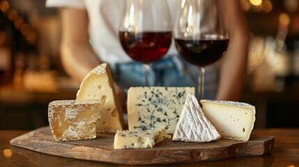 A cheese assortment with honey on a wooden board, accompanied by a glass of red wine held by someone.