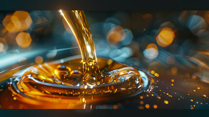 Golden oil flows from a bottle with a blurred background creating a bokeh effect.