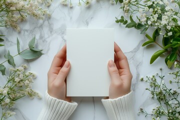 Mockup with beautiful manicured hands holding a 5 inches wide by 7 inches length, blank invitation card vertically, light background. - obrazy, fototapety, plakaty