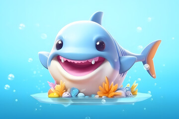 A cute shark smiling and dancing on the sea