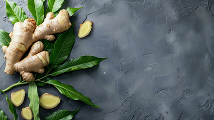 Ginger root with beneficial properties on gray background	 - obrazy, fototapety, plakaty