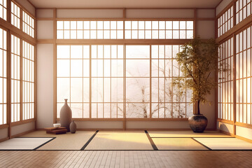 Empty traditional japanese room with tatami mat floor