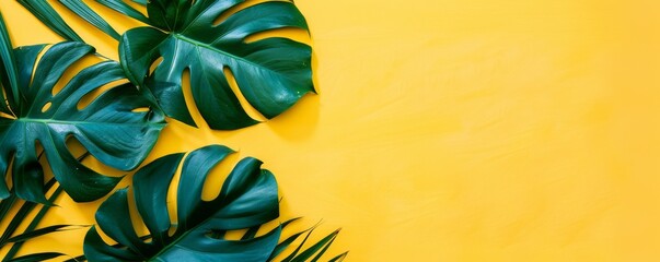 Fototapeta na wymiar Monstera leafs on yellow background. Template for horizontal banner