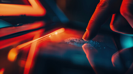 A persons fingertip is engaging with a digital fingerprint scanner glowing with neon light, indicating secure access technology