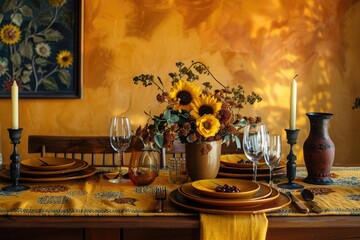 A tapestry of sunflower-inspired designs unfolds against a warm, mustard-colored backdrop, infusing the scene with culinary elegance.