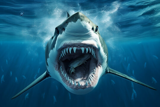 Shark with open mouth in a deep blue ocean