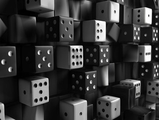 a wall of black and white dice, stacked on top of each other in layers, patterned 3d render