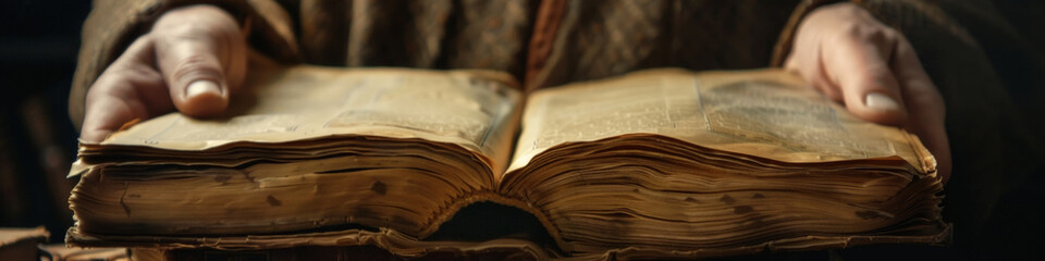 A persons hands holding an open old book with blank pages