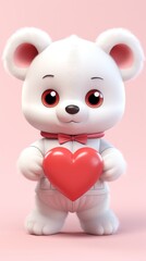 Cute 3D cartoon white bear holding red heart on pink background, perfect for Valentine's Day or for love theme