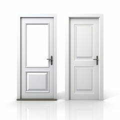 Two closed white doors with modern minimalist design, isolated on a white background with reflections on the floor