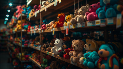 A dimly lit room filled with shelves densely packed with colorful bear dolls. The camera focuses on a unique Beanie Baby, highlighting its special tags and features, in a mysterious atmosphere. - obrazy, fototapety, plakaty