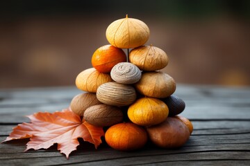 Pyramid of assorted natural seed pods with a single dry maple leaf on a wooden surface against a blurred background