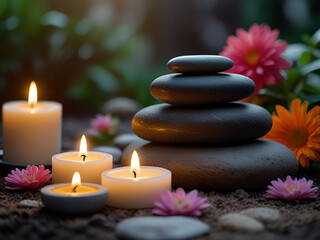 Banner spa stones in garden with candles and flowers for massage spa treatment ,aroma ,healthy wellness relax calm luxurious atmosphere with pampering and well-being healthy skin practices