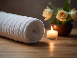 Obraz na płótnie Canvas Roll up of towels flowers for massage spa treatment ,aroma ,healthy wellness relax calm and luxurious atmosphere associated with pampering and well-being healthy skin practices