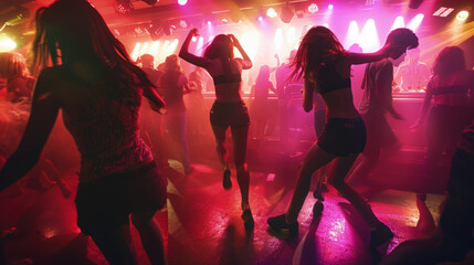 A group of individuals energetically dancing on a crowded dance floor filled with colorful lights...