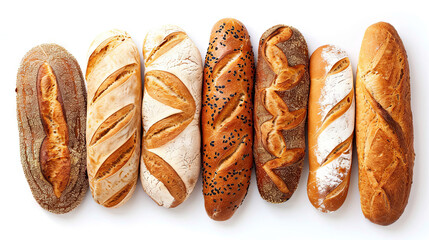 Different types of bread on isolated white background - obrazy, fototapety, plakaty