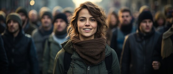 Fototapeta premium Young woman with a joyful smile, wearing jacket and a brown scarf, standing in front of a crowd of people