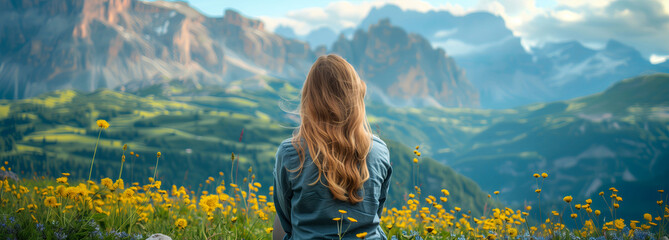 Young woman looking at a beautiful landscape of mountains, from behind, a green meadow with yellow flowers and a mountain range in the background
