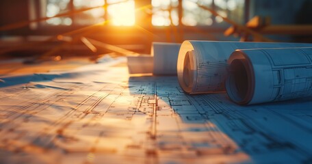 Architectural blueprints on a construction table, close-up, morning light, wide angle, sharp details. 