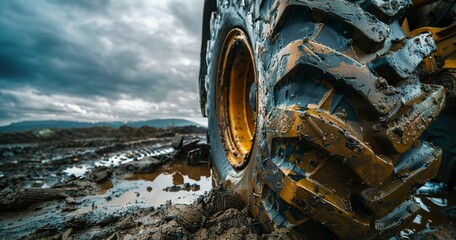 Heavy machinery tire tread in mud, close-up, cloudy day, ultra-wide lens, high texture detail. 