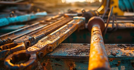 Rusty tools on a construction site, close-up, golden hour, wide lens, vibrant colors, sharp focus. 