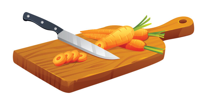 recommend clip art: Carrots and cut sliced with knife on wooden cutting board. Vector illustration isolated on white background