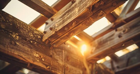 Wooden beams and joints, architectural detail, close-up, golden hour, wide lens, warm tones. 