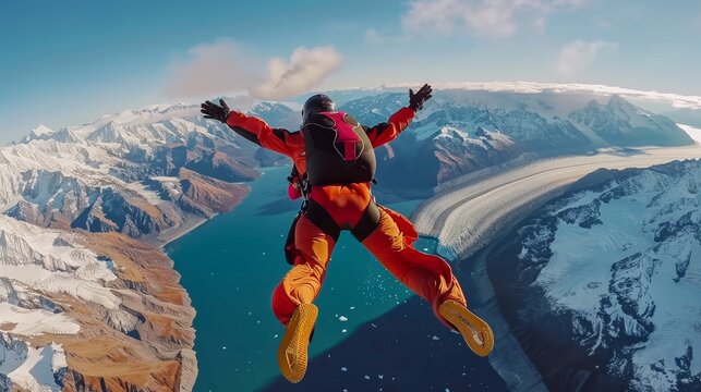 Skydiver in a wingsuit above mountainous terrain with a glacier and sea in the background during daytime.