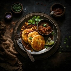 Delicious plate of Indian street food Chole Tikki. Generative AI