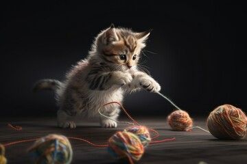 Cute kitten playing with a yarn ball. Generative AI