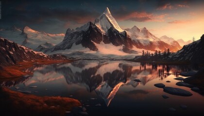 Sunset in snowy mountains. Generative AI