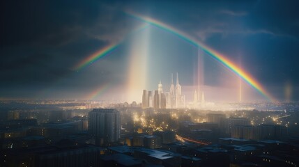 Naklejka premium rainbow over the city. Generative AI