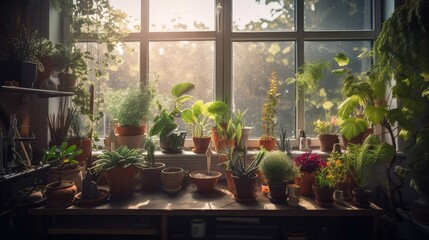 Various plants on a window sill. Generative AI