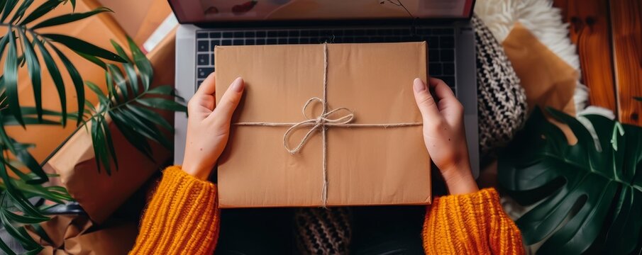 Overhead view of hands holding a wrapped package over a laptop keyboard.