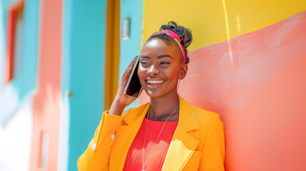 A young African woman wearing an orange blazer and red top is smiling while talking on her mobile phone, standing against the vibrant background